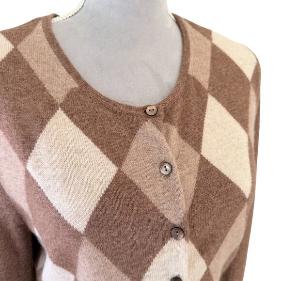 100% CASHMERE Argyle Cardigan Sweater Brown Tan Diamond Knit Soft Classic - Picture 2 of 7